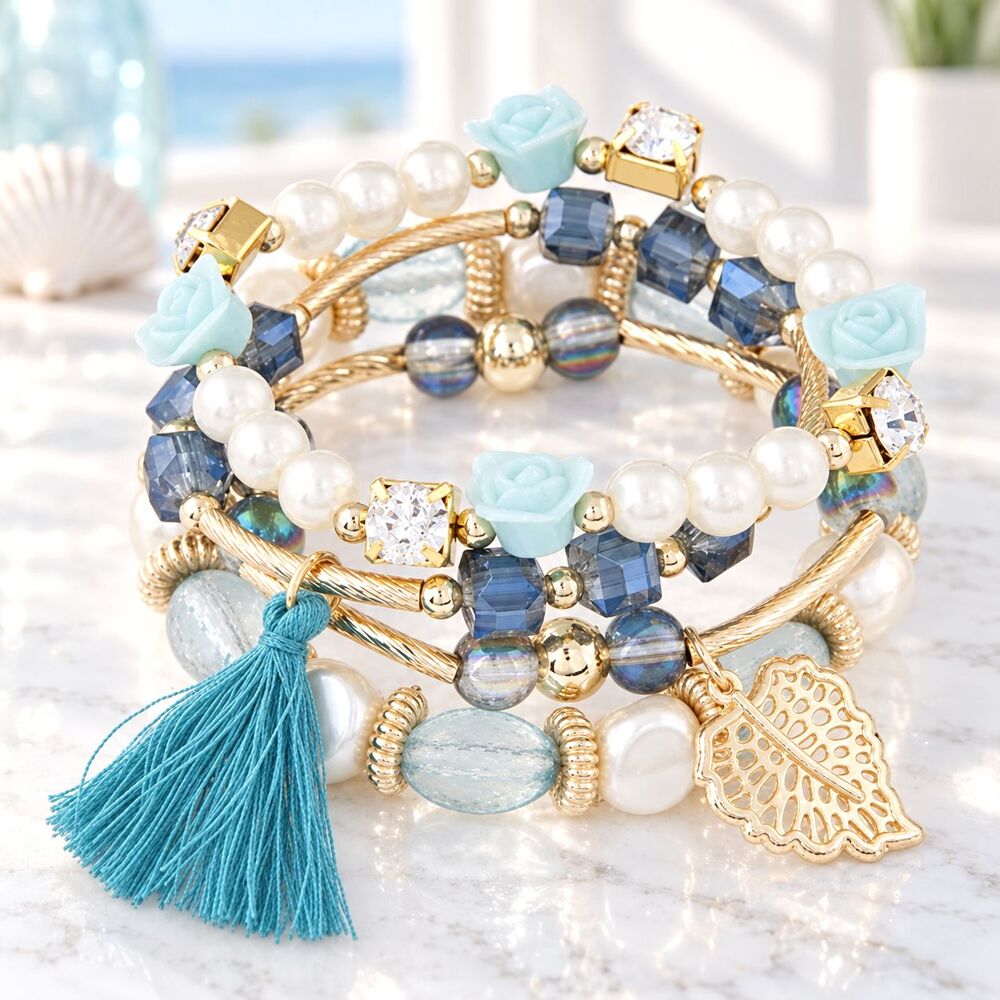 Blue White Gold Boho Layered Bracelet Set Faux Pearl Rose Tassel Crystal NEW